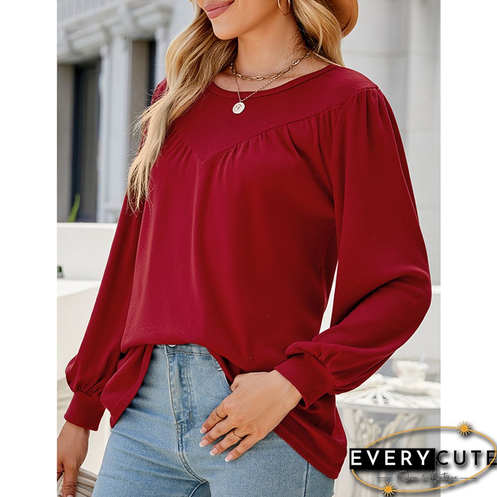 Red Crew Neck Pleated Puff Sleeve Tops