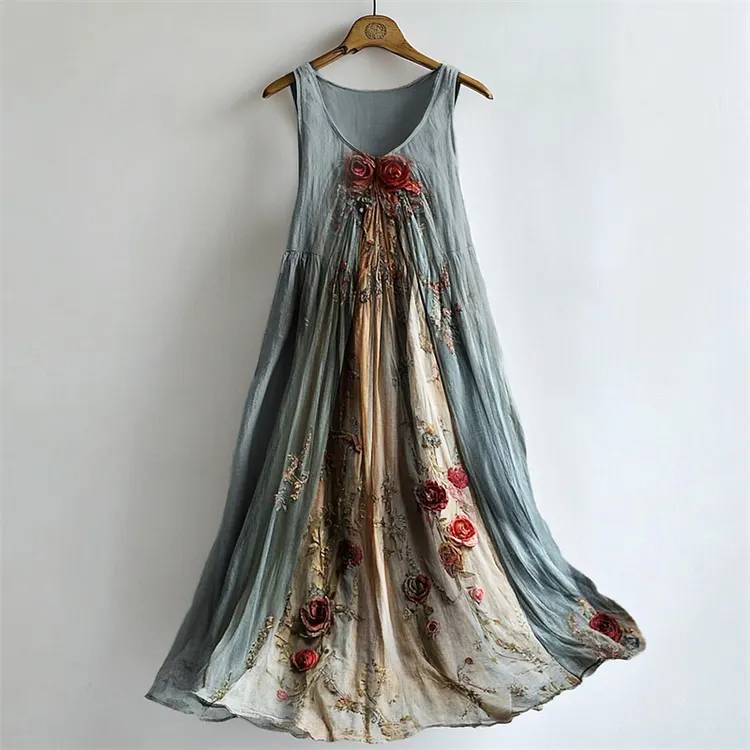 Vintage Roses Floral Flowy Linen Maxi Tank Dress