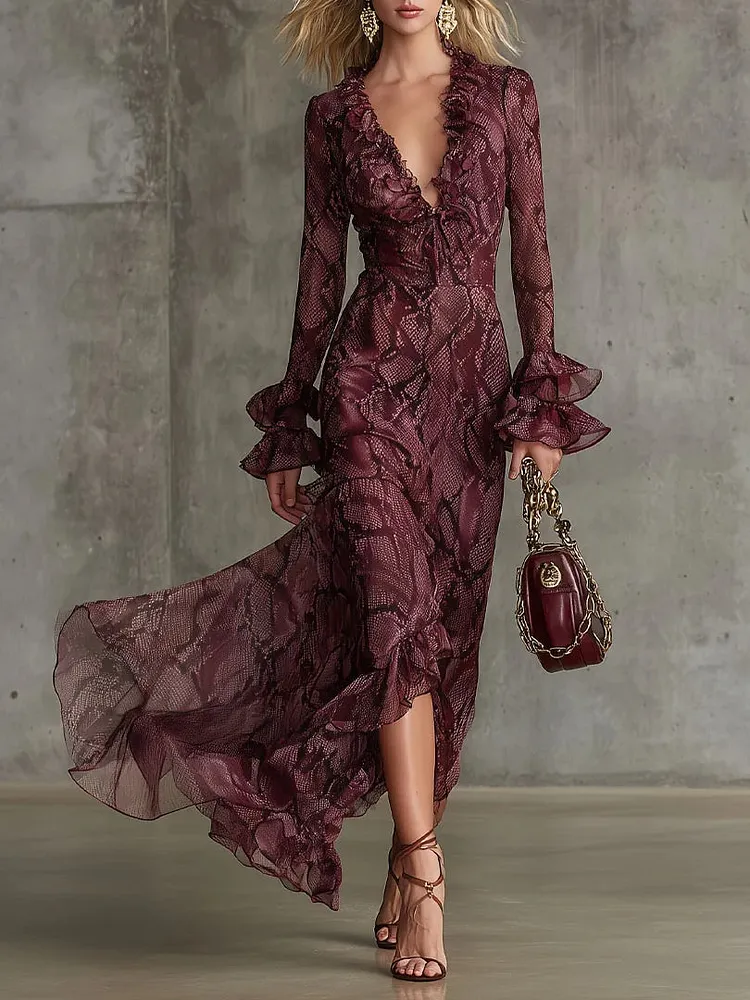 Burgundy Chiffon Snake Print Ruffle Maxi Dress