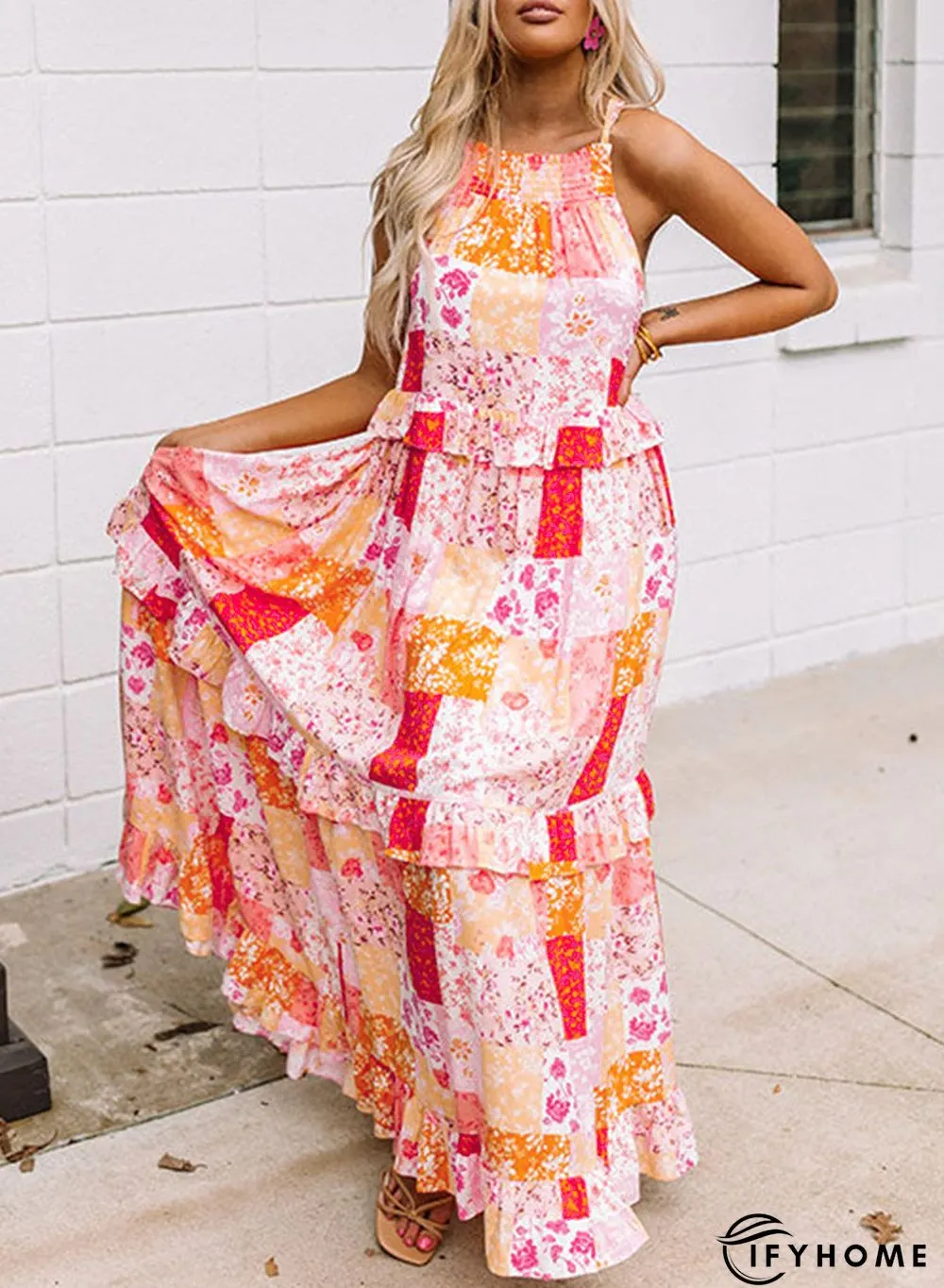 Multicolor Boho Geometric Floral Print Sleeveless Maxi Dress | IFYHOME