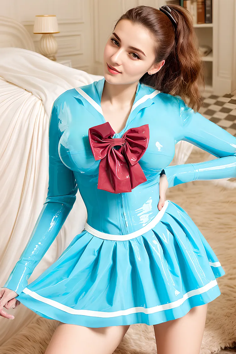 Women Latex Dresses Padded Bust Cosplay Blue Sailor Dress