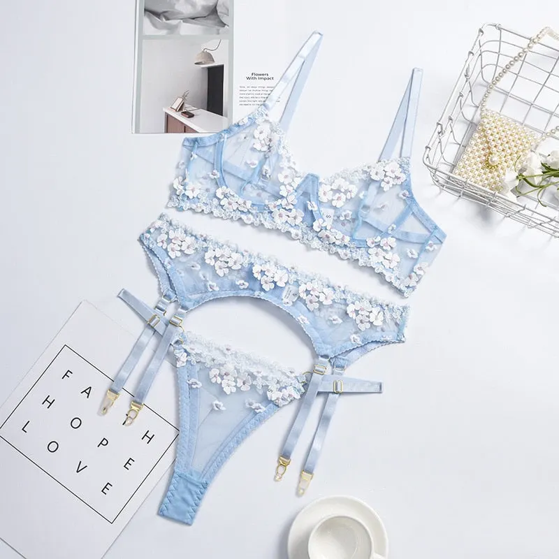 Yimunancy Lingerie Floral Embroidered Bra Set, 3-Piece Female Transparent Bra + Panties, Sexy Underwear, Underwear Set