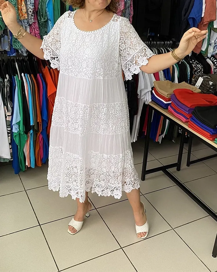 🔥 Solid Color Short Sleeve Lace Dress