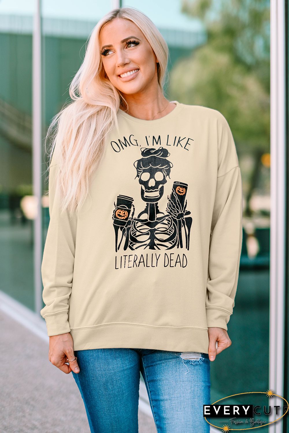 Halloween Skeleton Letter Print Crew Neck Pullover Sweatshirt