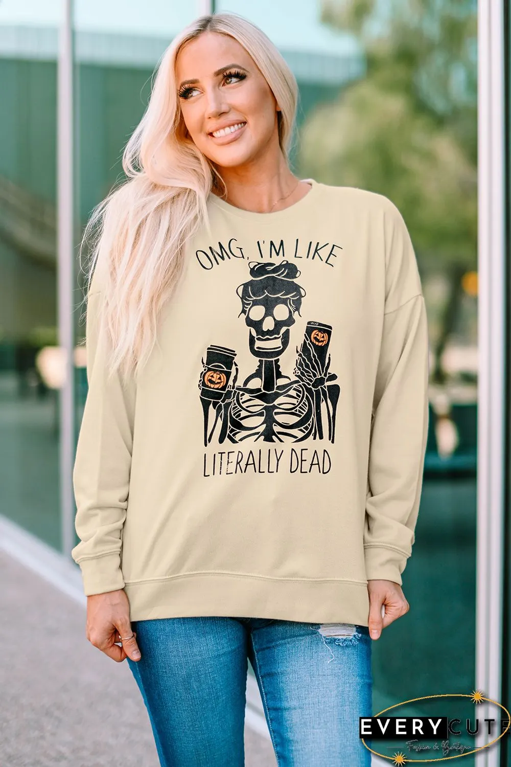 Halloween Skeleton Letter Print Crew Neck Pullover Sweatshirt