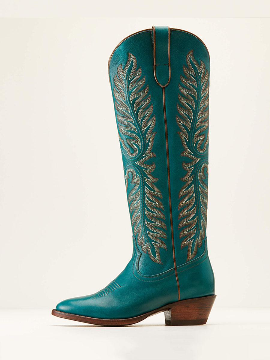 Teal Round-Toe Wide Calf Knee High Embroidered Cowgirl Boots with Chunky Heels