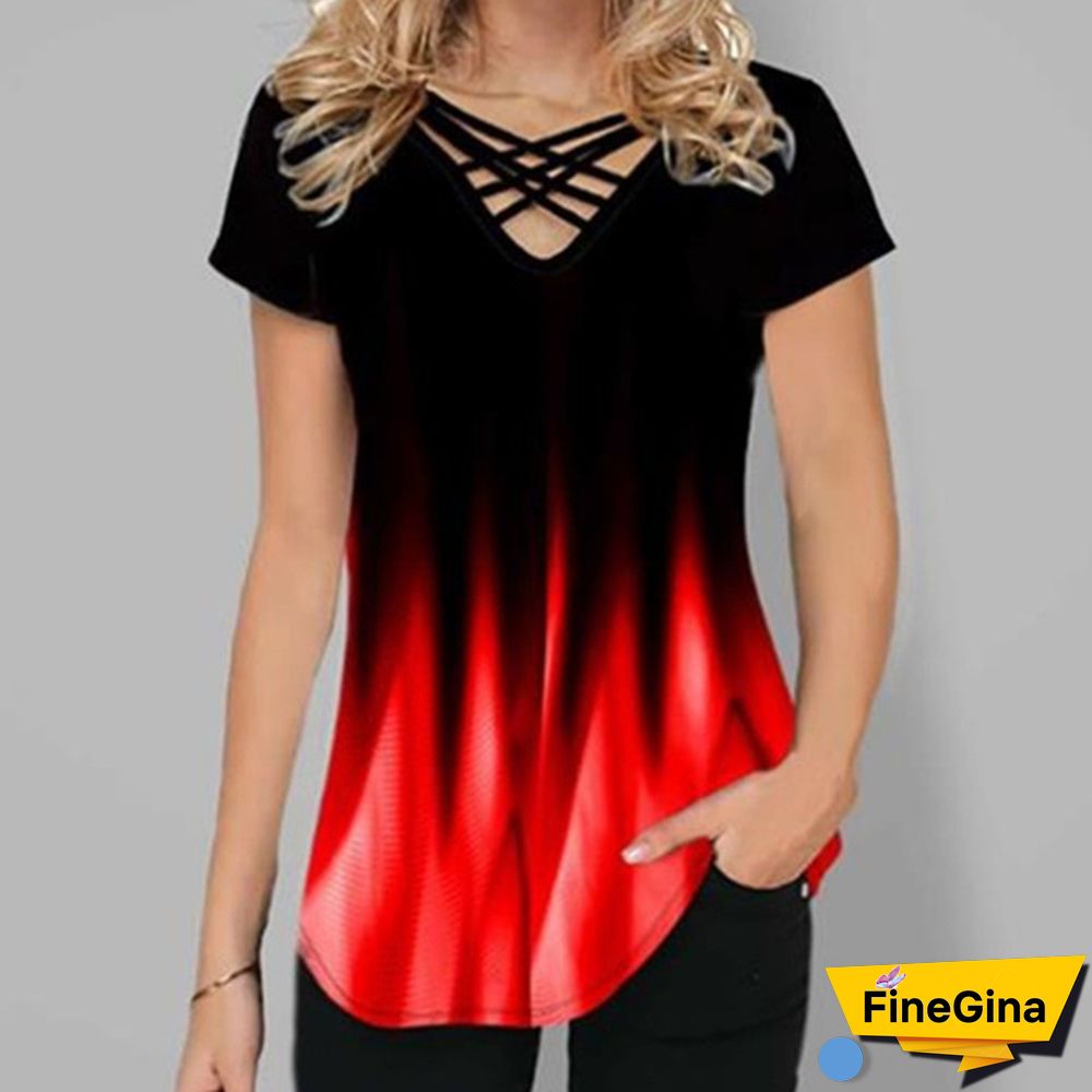 Summer Women's Fashion Loose Casual Short Sleeved Floral Gradients Printed V- Neck T Shirt & Blouses Tops