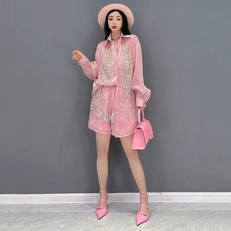 Fashion Lapel Single-breasted Embroidered&nbsp;Long Sleeve Shirt And Embroidered Shorts Two Pieces Set