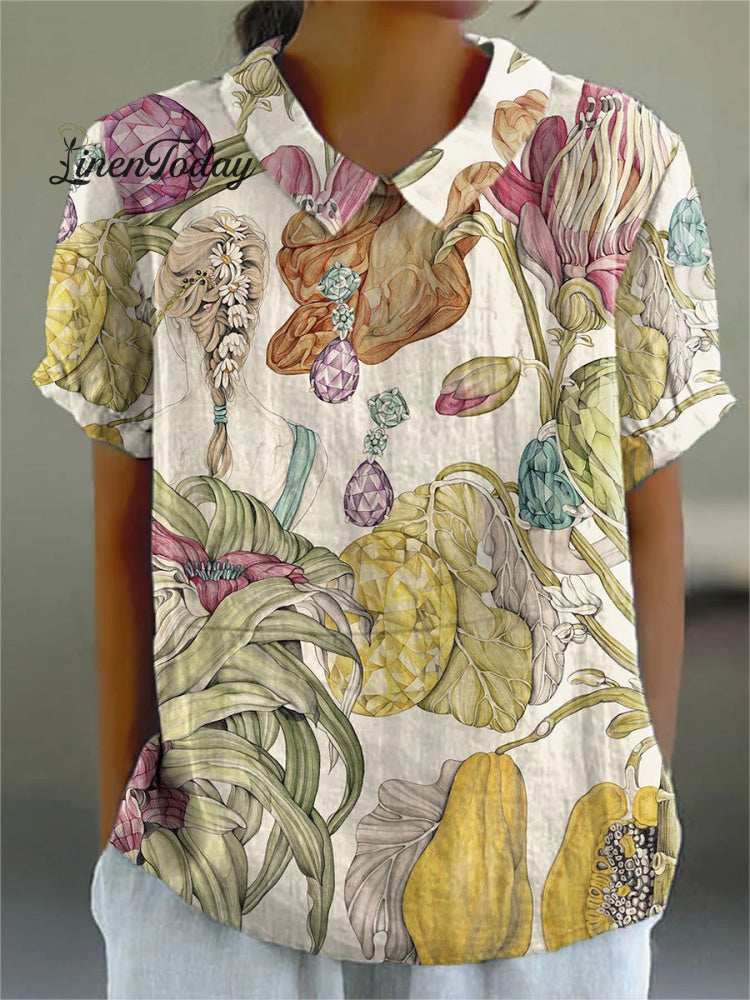 Women&rsquo;s Vintage Flower Print Casual Cotton And Linen Shirt Multicolor / S