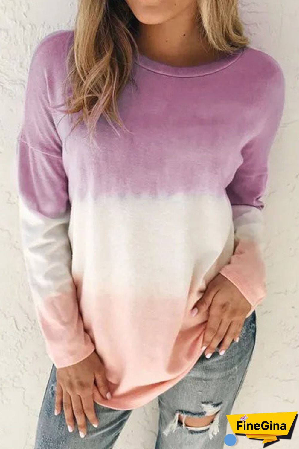 Fashion Sweet Gradual Change O Neck Tops(6 Colors)
