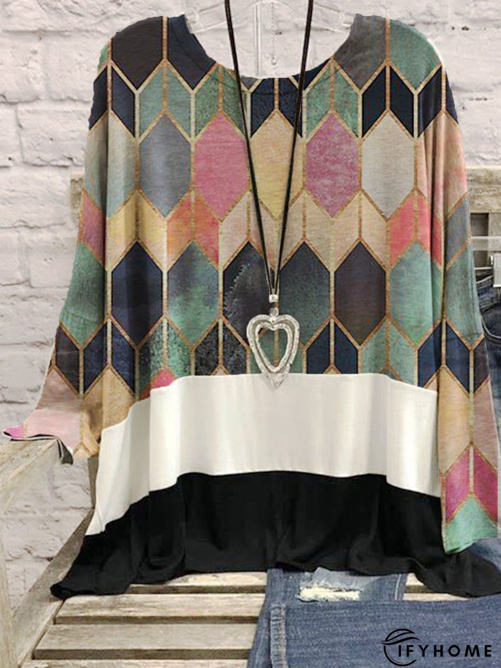 Printed Cotton-Blend Casual Long Sleeve Tunic T-Shirt | IFYHOME