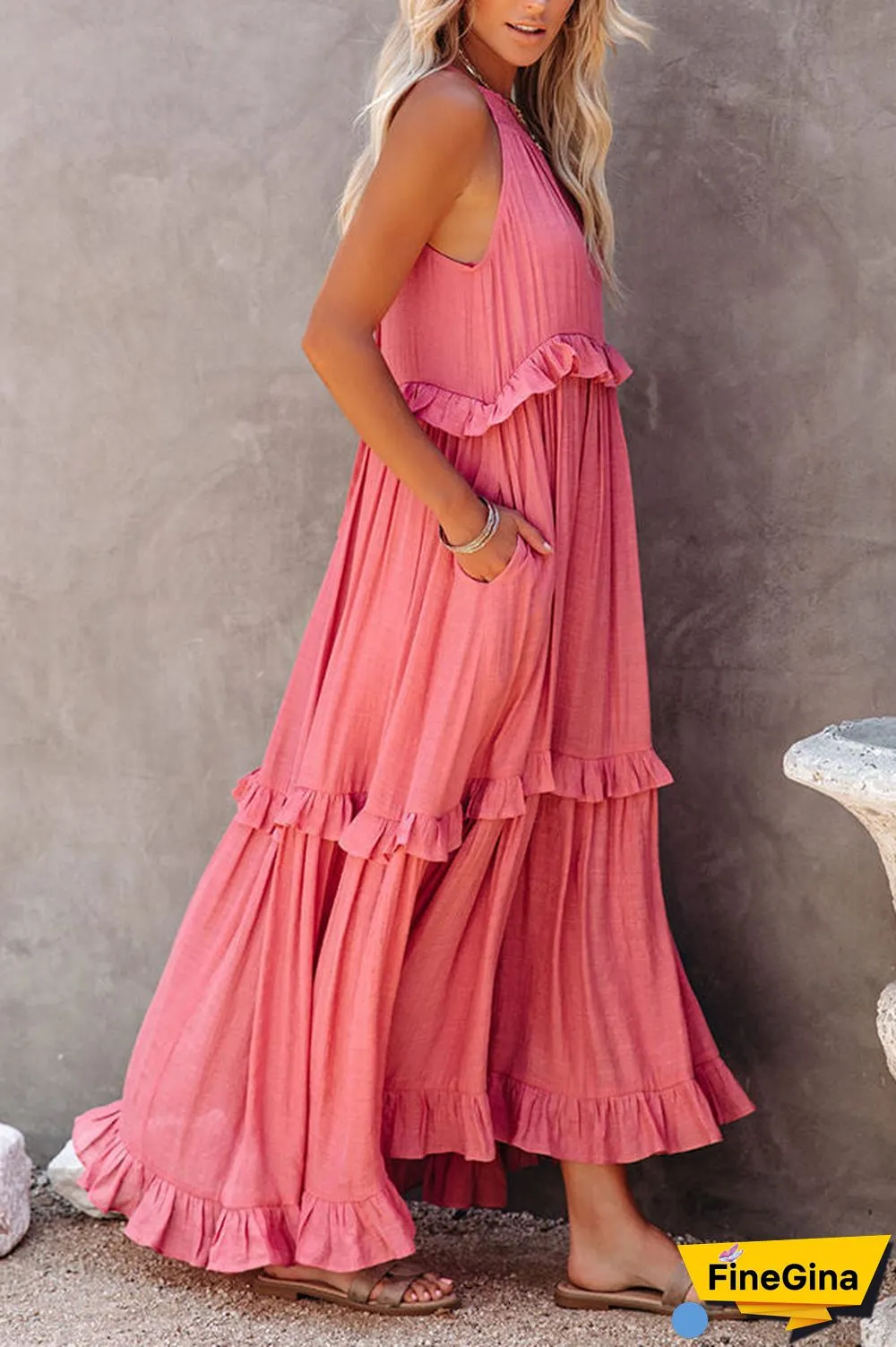 Pocketed Halter Textured Maxi Dress