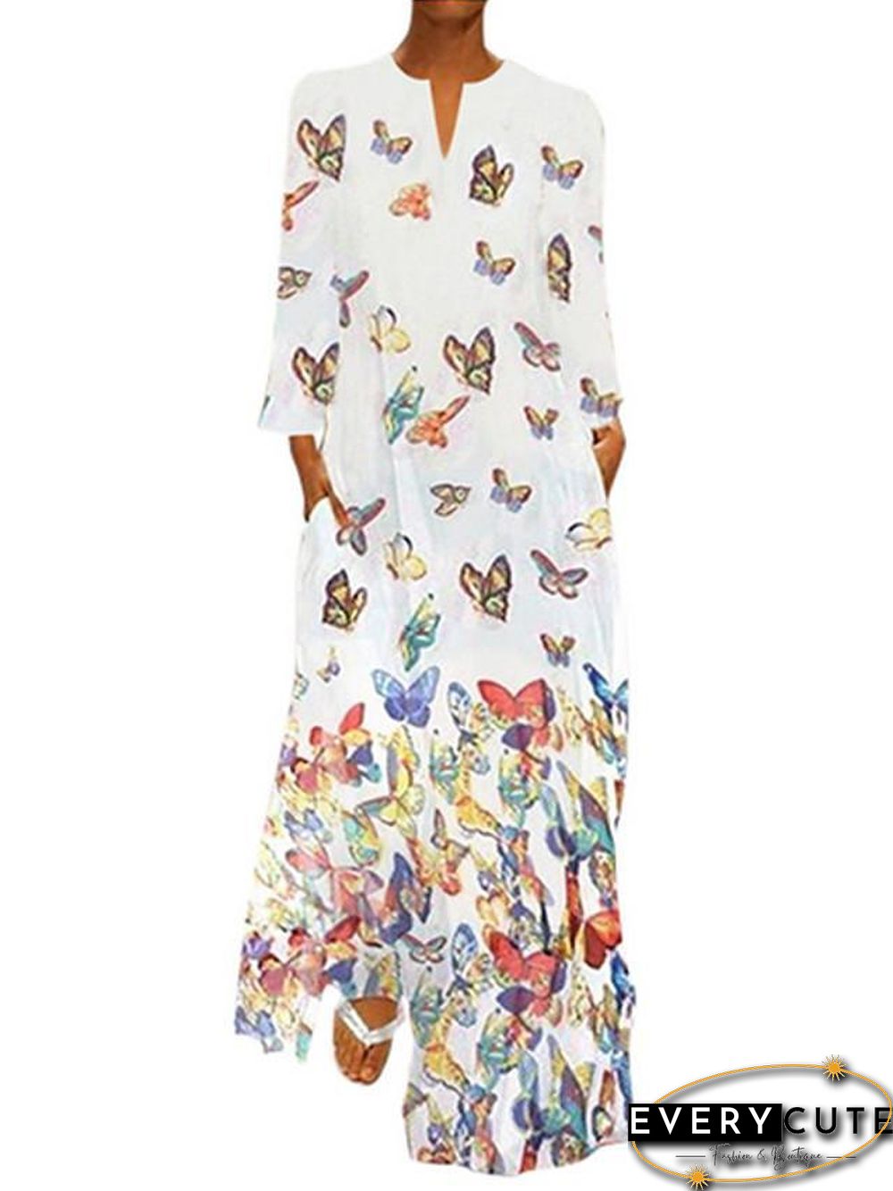 Women's Shift Dress Maxi long Dress - Long Sleeve Butterfly Spring Fall Hot Loose White Yellow Blushing Pink Light Blue S M L XL XXL 3XL 4XL 5XL
