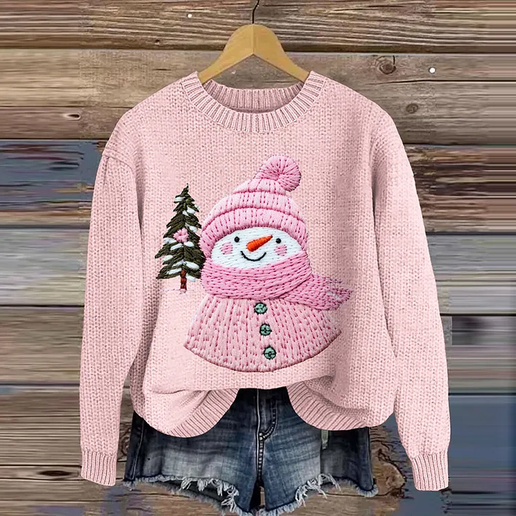 Pink Awareness Christmas Snowman Embroidery Cozy Knit Sweater