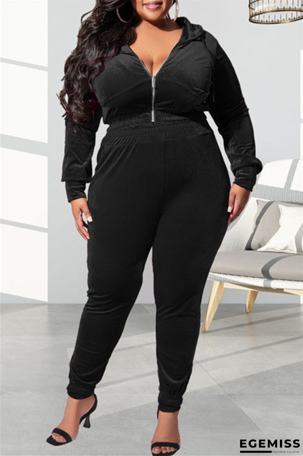 Black Casual Solid Patchwork Hooded Collar Plus Size Two Pieces | EGEMISS