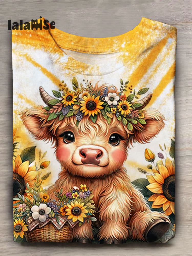 Sunflower Highland Cow Print Casual Short Sleeve T-Shirt Mixed Color / S Shirts & Tops