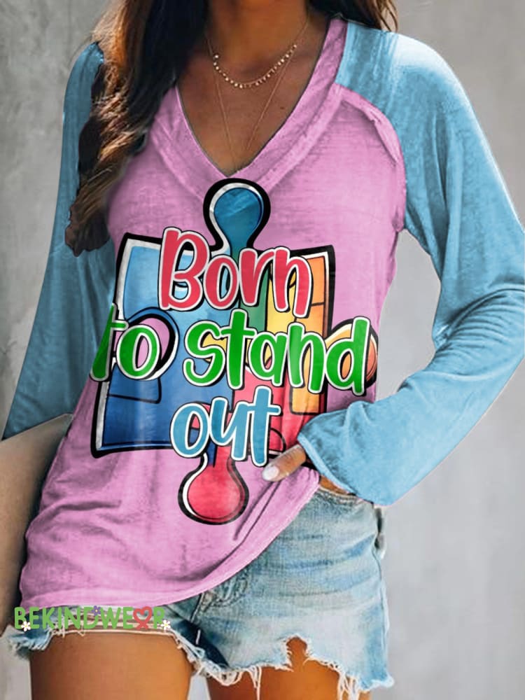Born To Stand Out Autism Awareness Puzzle Print Casual V-Neck Long Sleeve Top Color / S
