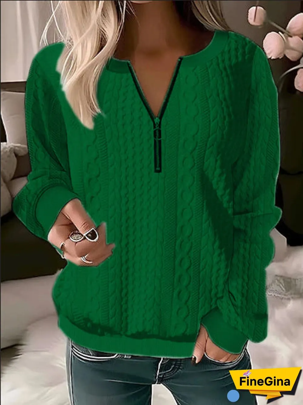 Women's Solid Color V-neck Long Sleeve Top