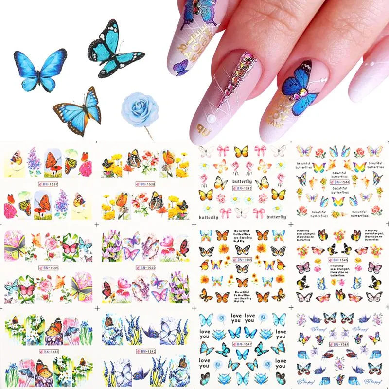 12Pcs Flower Leaf Geometric Lines Water Decals Spring Floral Butterfly Transfer Sliders Paper For Nails Decoration Manicures