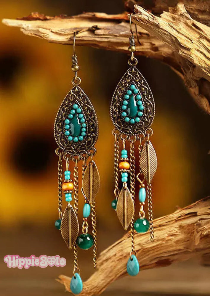 Vintage Leaf Bead Tassel Water-Drop Shaped Earrings Lake Blue / One Size Accessories