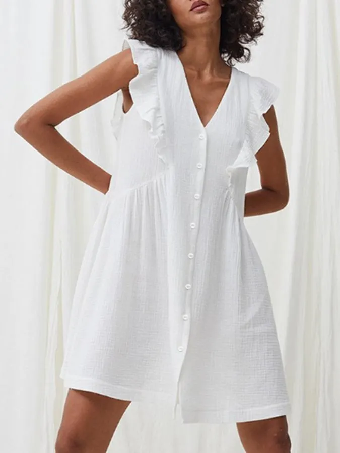 Women's Casual Cotton Linen Short-sleeved V-neck Dress