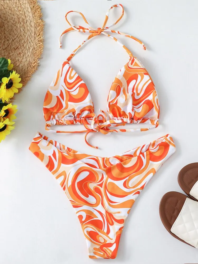 Peachtan Brazilian bikini set Triangle swimsuit women's swimming suit High cut swimwear female Halter Print bathing suit biquini