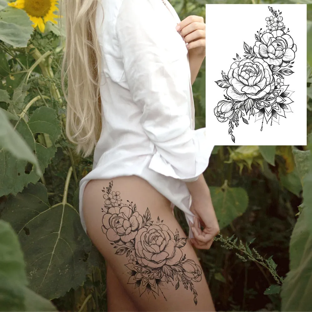 Realistic Sexy Peony Tattoos Temporary Women Adult Flower Arm Tattoos Sticker Waterproof Fake Floral Bloosom Body Leg Art Tatoos 530-1