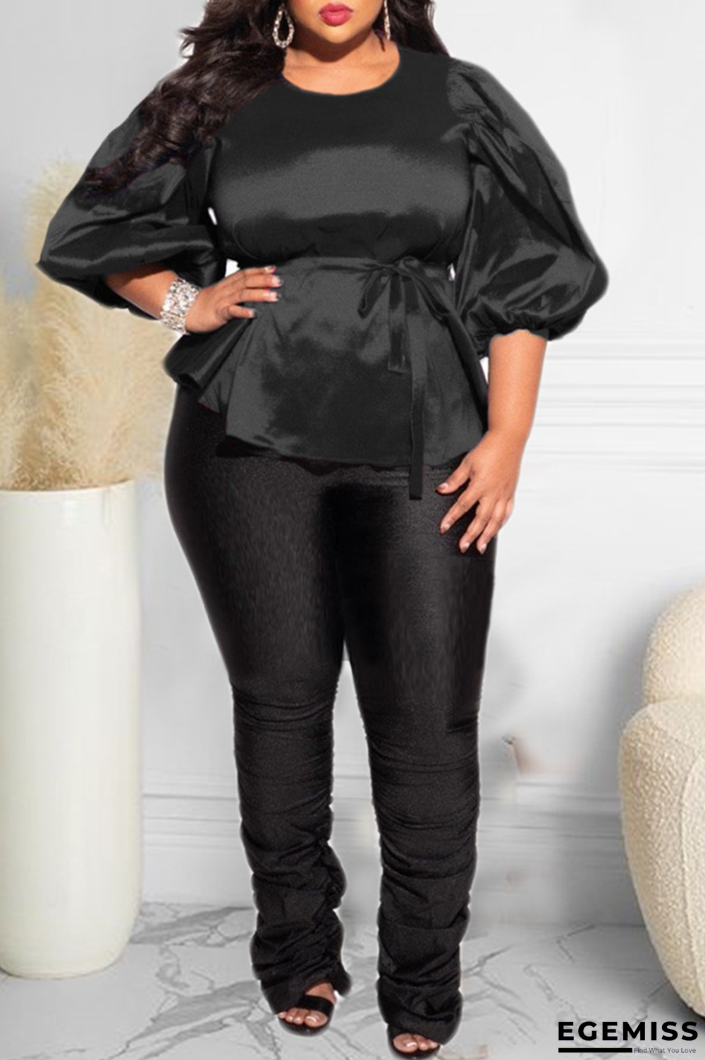 Black Casual Solid Patchwork O Neck Plus Size Tops | EGEMISS