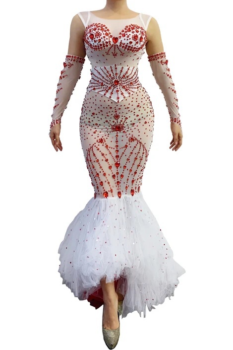 GOOSHOE Mermaid Tail Long Sleeve Lace Long Sleeve Dresses Mermaid Rhinestone Dress
