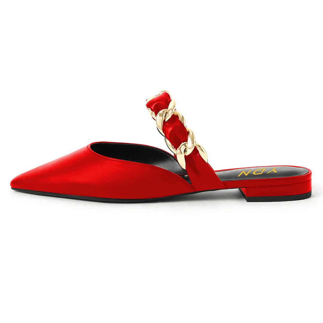 Red Satin Pointed Gold Chain Strap Flat Pumps for Elegant Ladies
