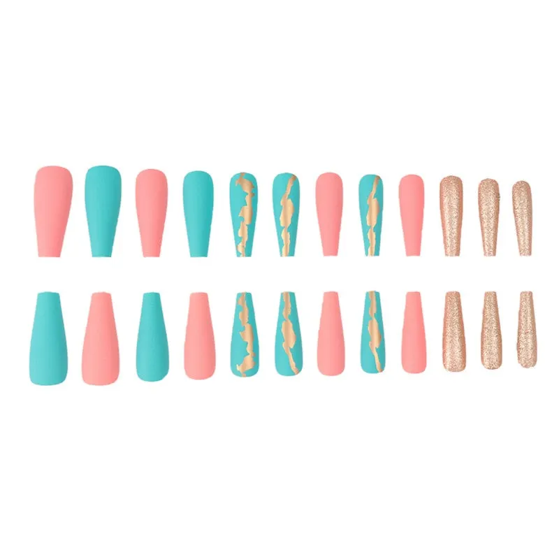 24pc Glitter Fake Nails Long Coffin Mixed Pink Blue Foils False Nails Fingernail DIY Ballerina Nail Decal Art Tips Press On Nail-Nail Inspo