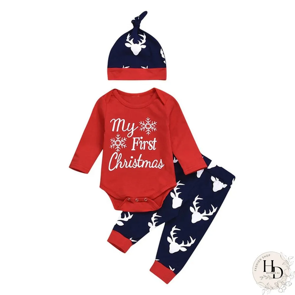 3pcs/set Newborn Infant Baby Christmas Letter Snowflake Print Romper Deer Pants With Cap Xmas Outfits