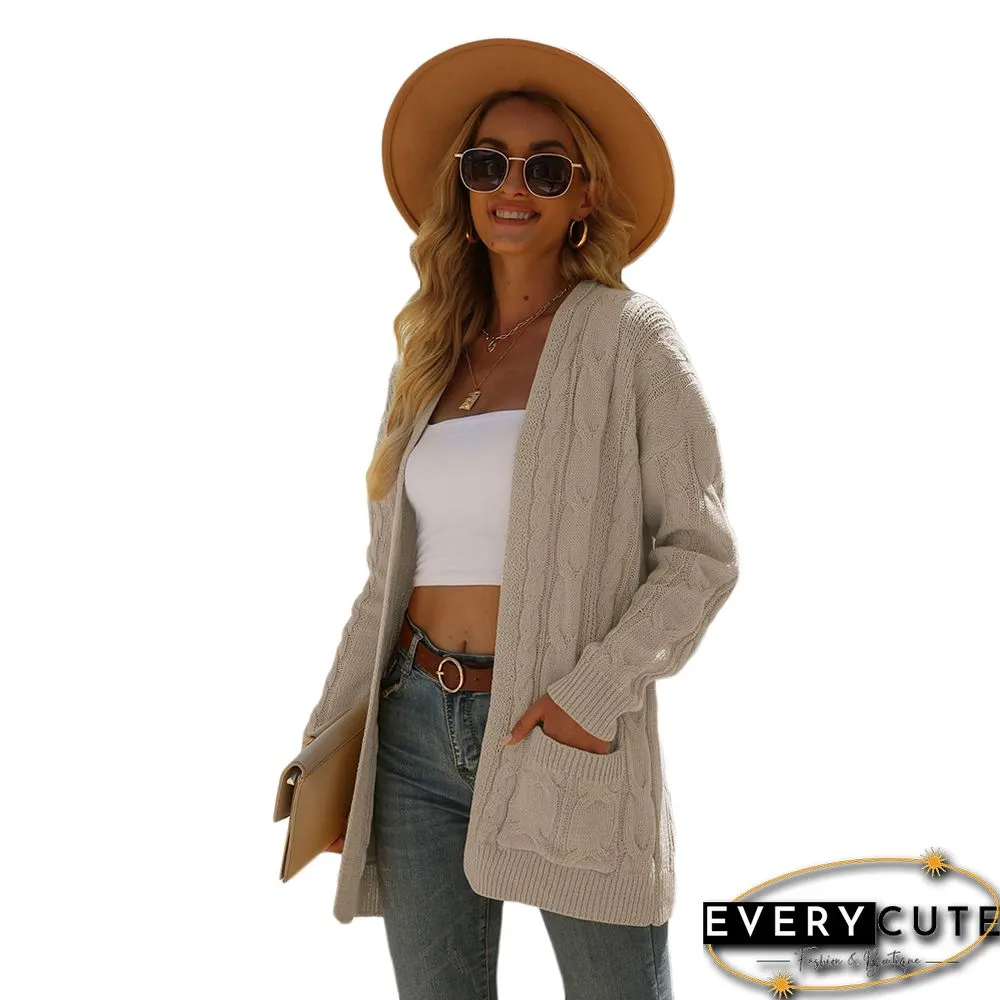 Khaki Open Front Cable Knit Cardigan