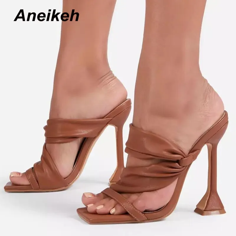 Aneikeh Women's Shoes 2021 NEW Summer Fashion Pleated Sweet Narrow Band PU Solid Stiletto Heels Slippers Retro Zapatos De Mujer