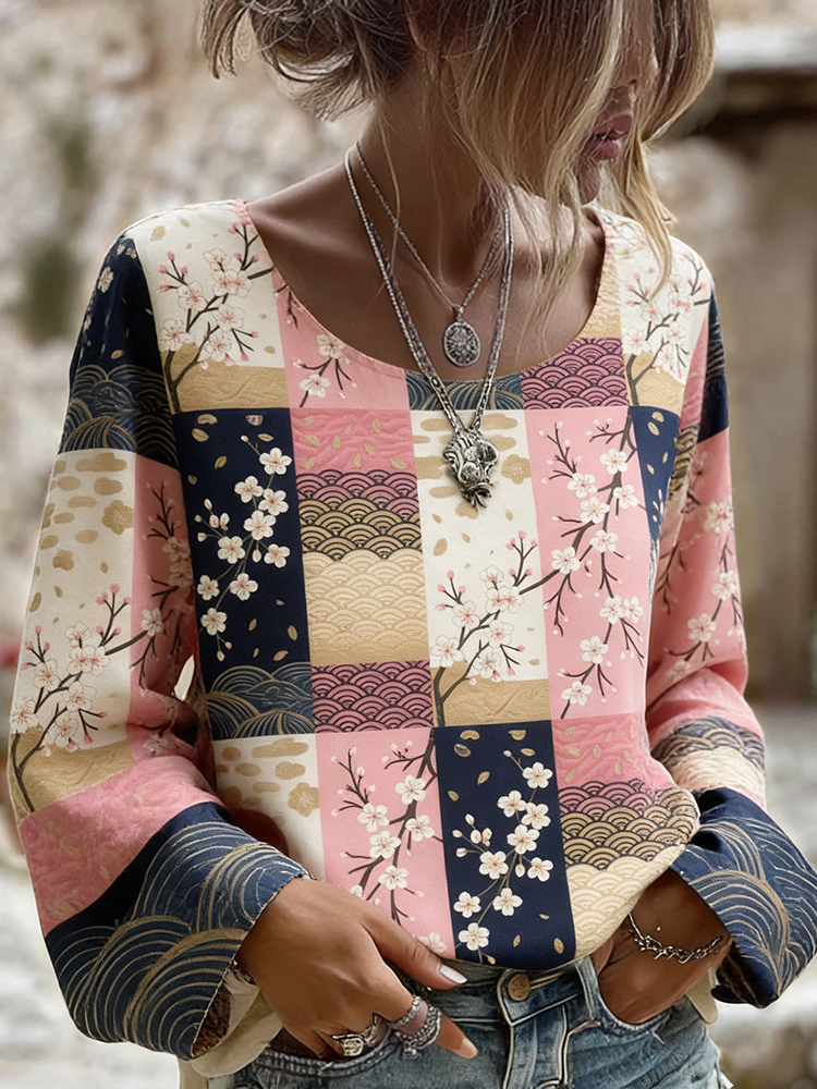 Vintage Japanese Inspired Patchwork Art Linen T Shirt elevenforest