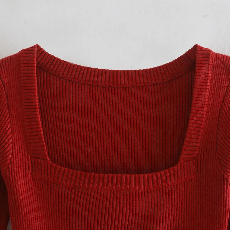 Spring and summer women's sweater casual solid color square neck long-sleeved short slim-fit sweater