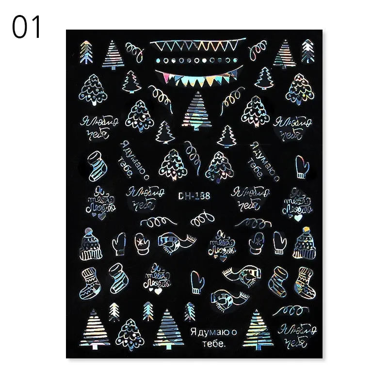 Sliver Bronzing 3D Christmas Nail Art Decoration Sticker Sparkly White Colorful Glitter Geometry Snowflake Winter Slider Foil