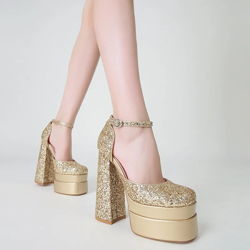  Hoof Heels Golden Bling Women Pumps Brand New Wedding Shoes Summer Platform Square Toe Sandals Big Size Shoes