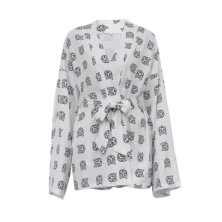 Churchf Churchf New Loose Print Women's Casual Tie Long Sleeve Pajamas High Waist Shorts Set Home Clothes