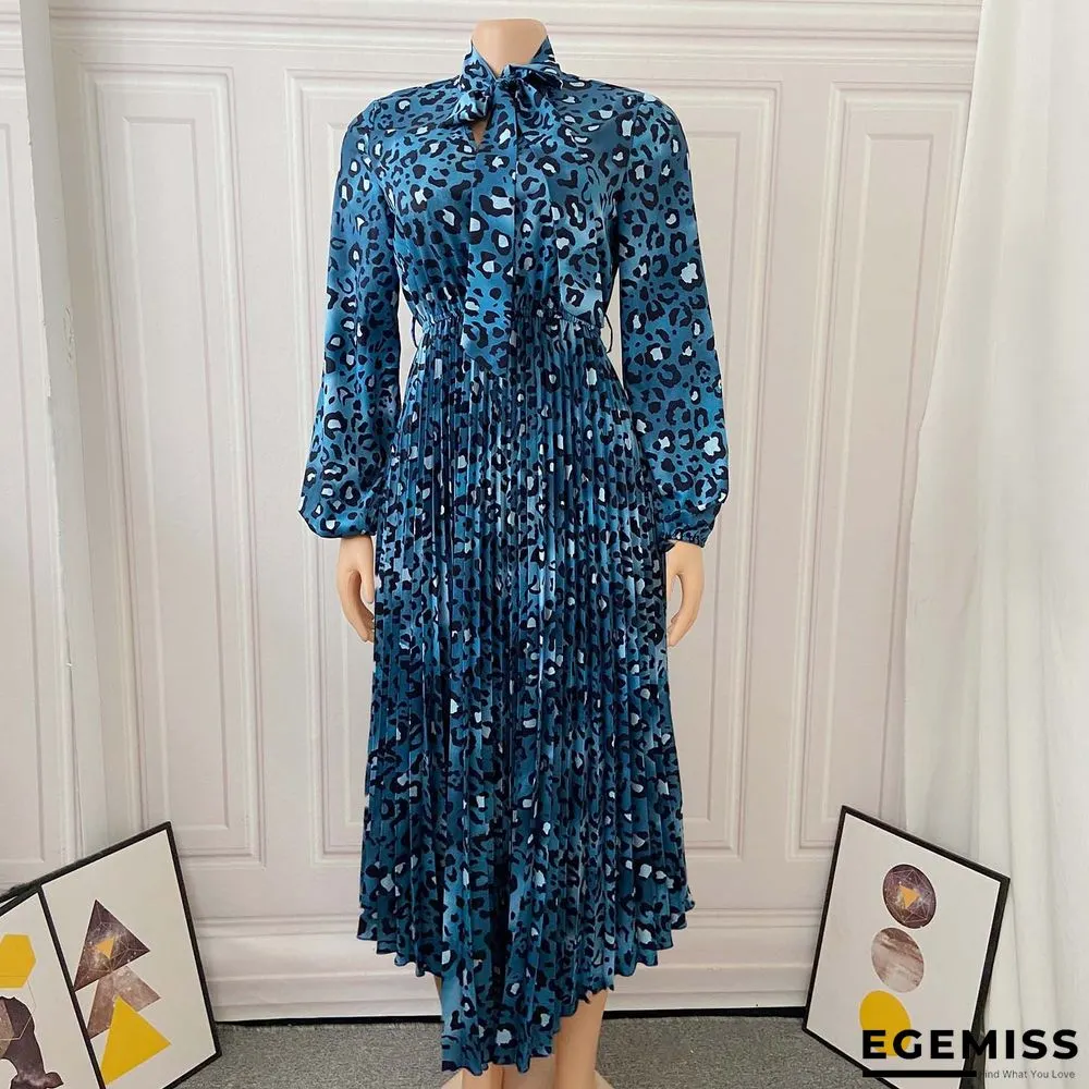 Long Sleeve Printed V-neck Pleated Dress | EGEMISS