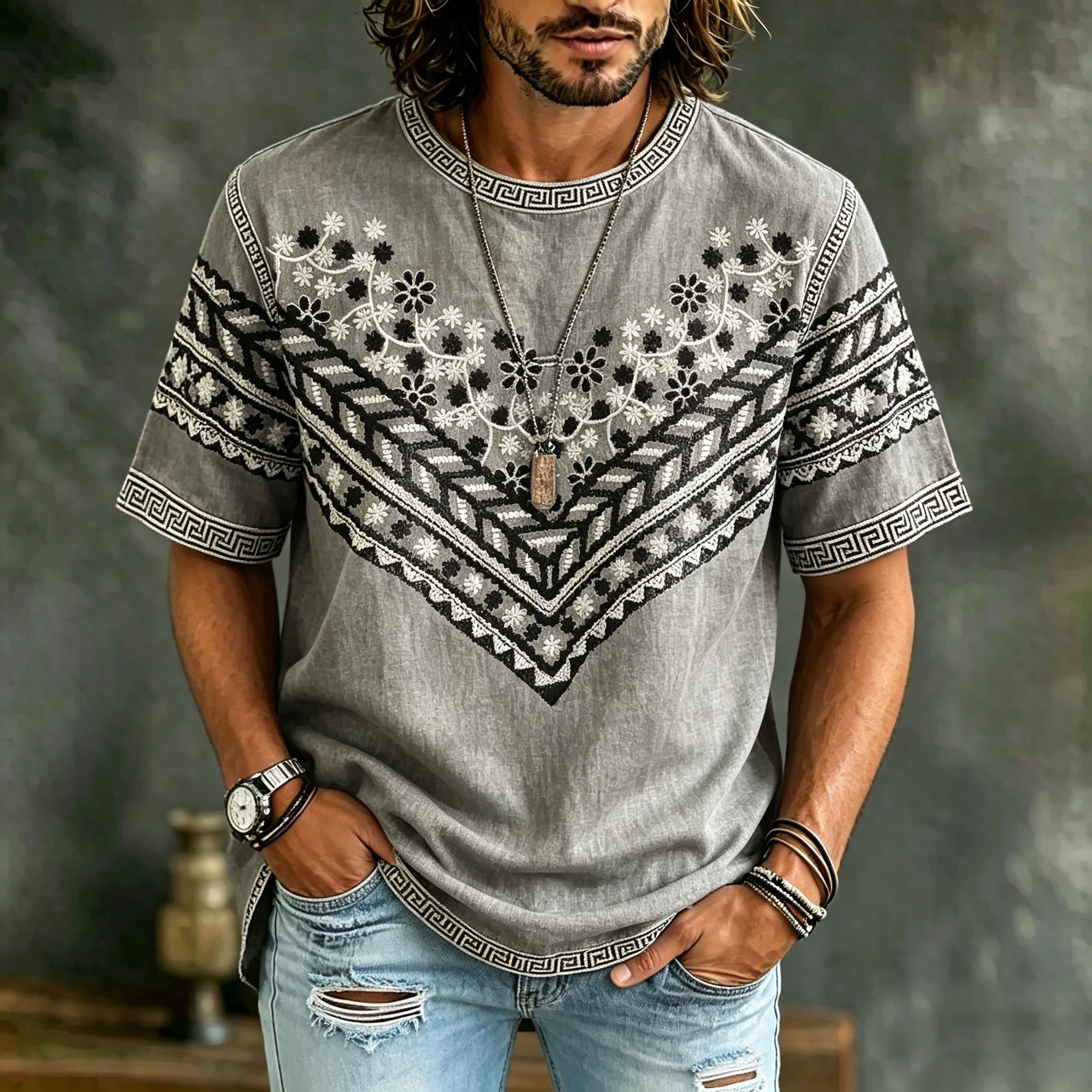 Comstylish Men's Vintage Spring Floral Embroidered Art Print Flowy Linen Blend Casual Tshirt