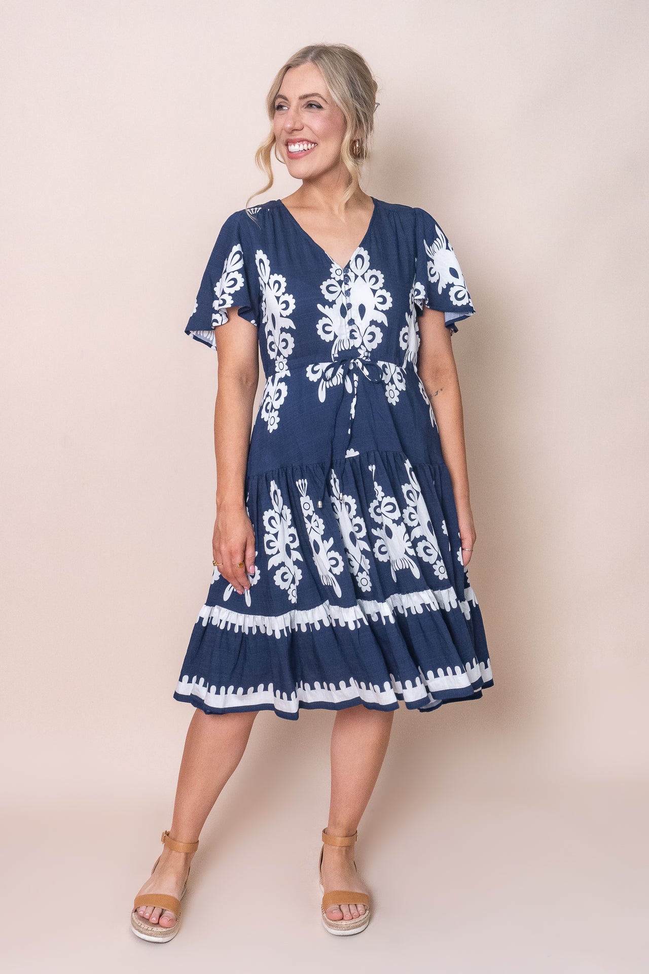 Sabine Geometric Border Dress in Navy