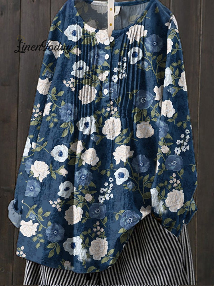 Women&rsquo;s Floral Art Print Casual Cotton And Linen Shirt Multicolor / S