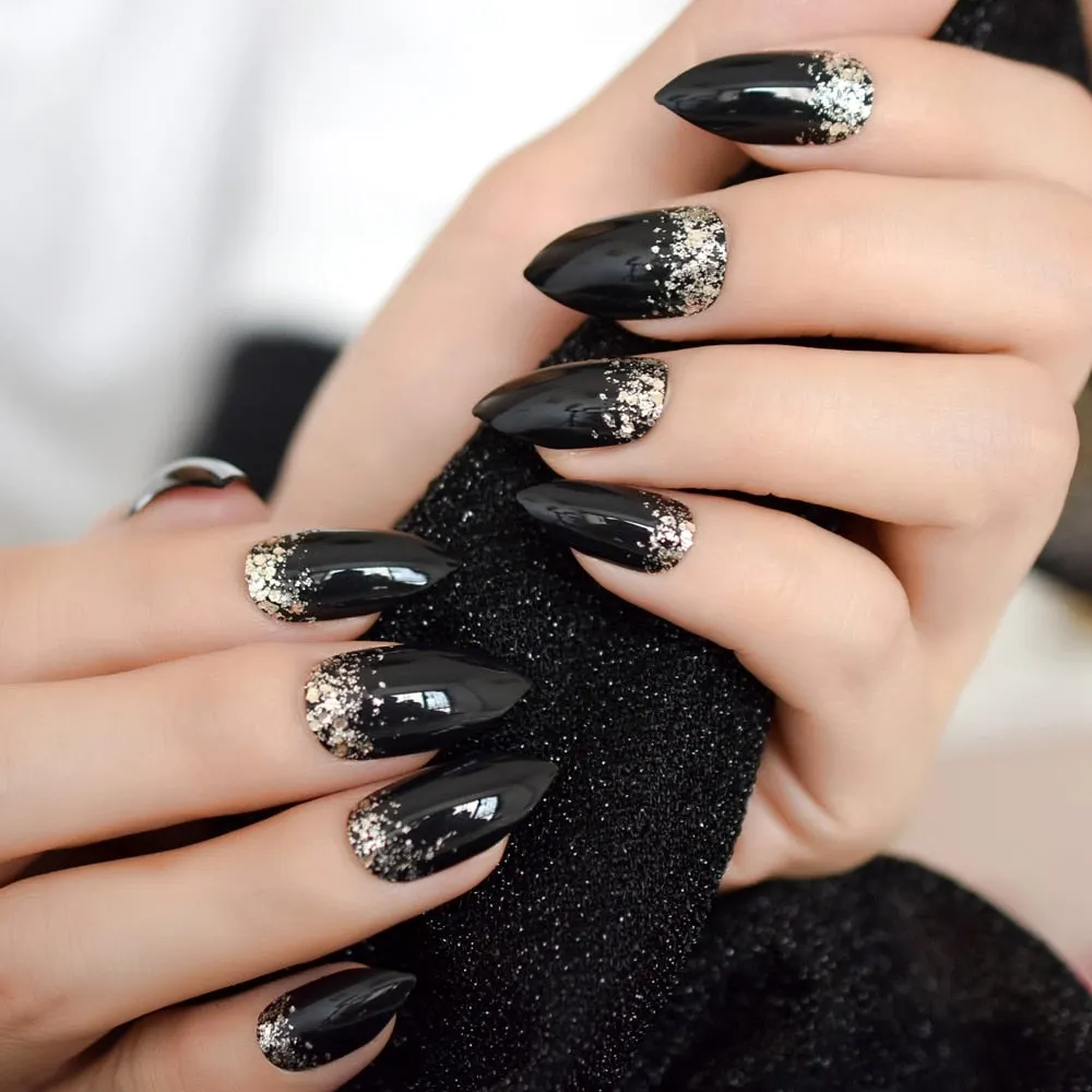 Medium Short Nails Black Glitter Stiletto Sharp False Fingernail Press On Nail Tips Wholesale Full Cover Nails Pre Designs Charm-Nail Inspo