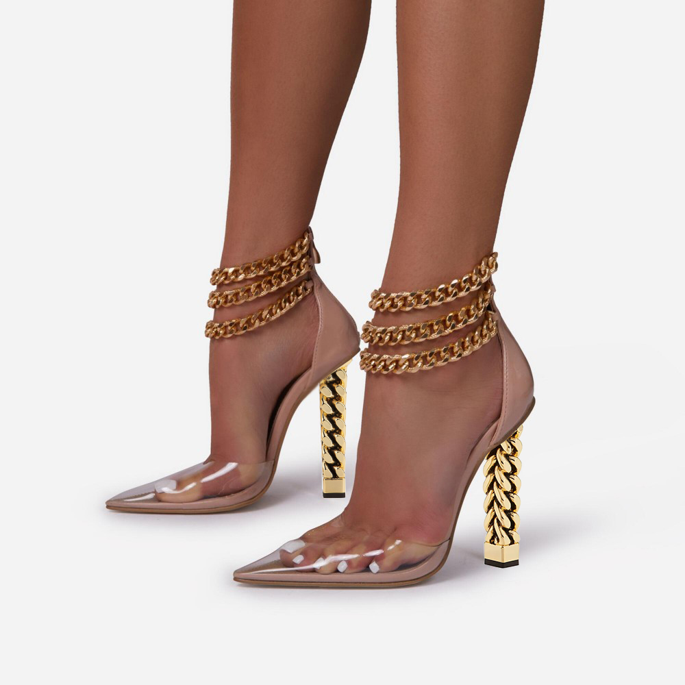 Nude Clear Chain Ankle Strap Pumps Shoes with Sculptural Heel Nicepairs