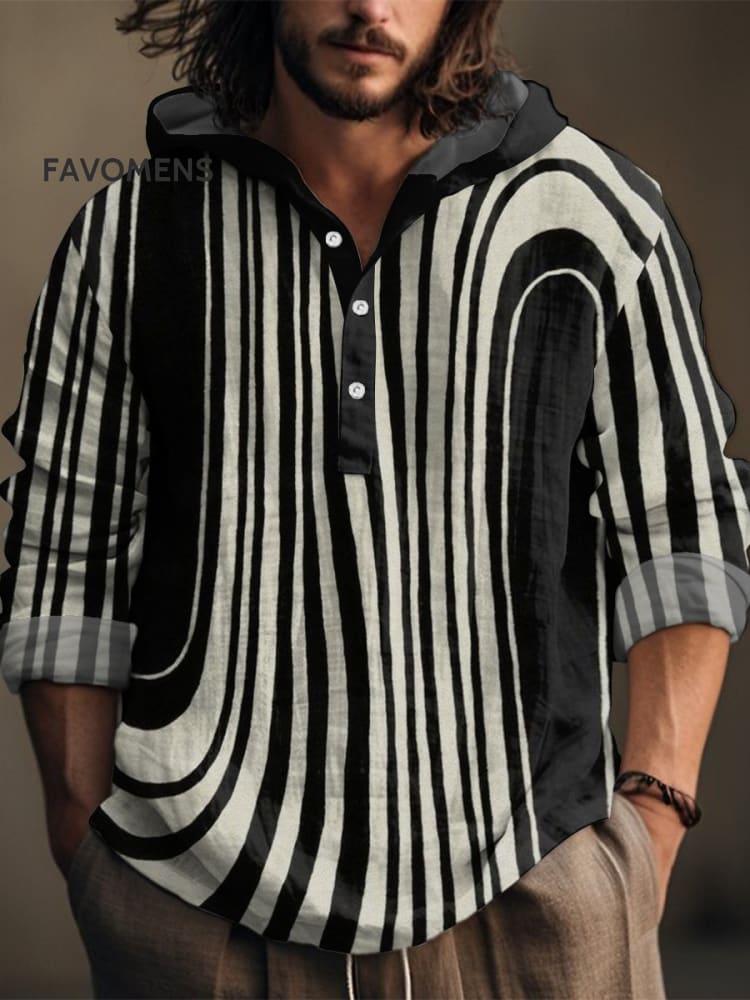 Black And White Ripples Design Vintage Print Casual Jacquard Shirt Multicolor / S