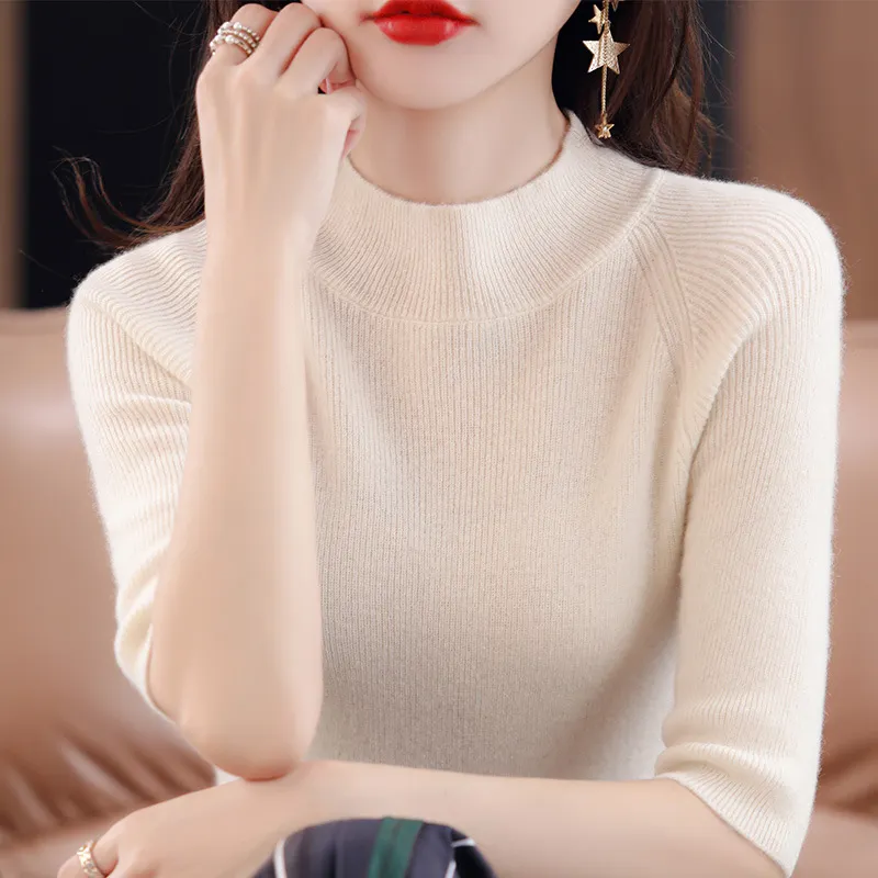 Churchf Churchf Summer Slim Head Five Minute Sleeve Bottom Top New Half High Collar Solid Color Simple Medium Sleeve Sweater Women