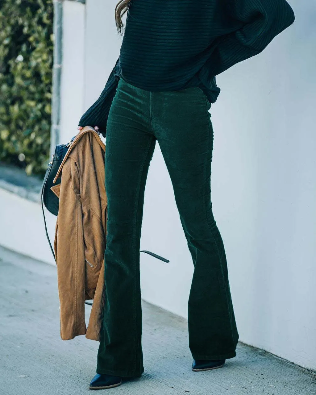 Brownm Color High Waist Slim-fit Flared Corduroy Elastic Pants