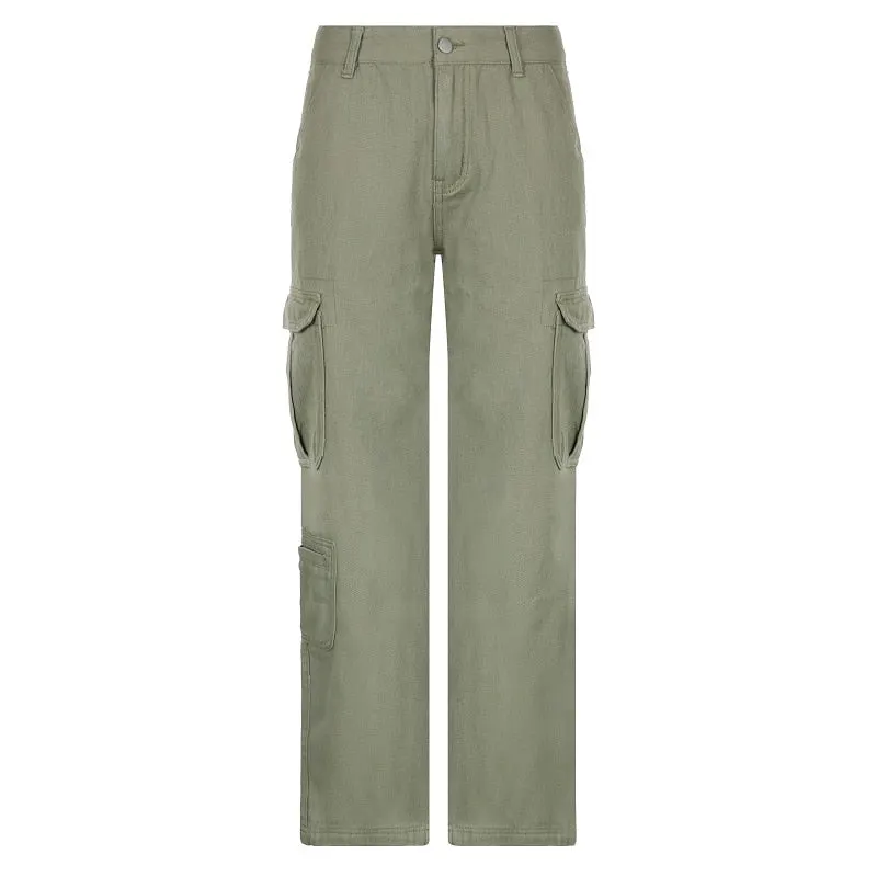 Rapcopter y2k Green Cargo Jeans Big Pockets Low Waisted Trousers Harajuku Casual Basic Sweatpants Women Retro Sporty Joggers 90s