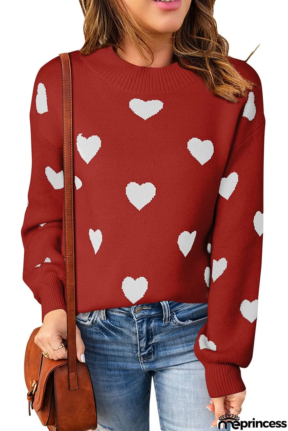 Heart Pattern Ribbed Trim Knit Sweater